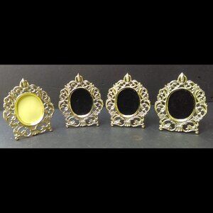 Set of 4 Small Vintage Gold Cast Metal Ornate Oval Freestanding Picture Frames